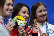 Alex Walsh of Team United States, Yui Ohashi of Team Japan and Kate Douglass of Team United States pose with their medals during the medal ceremony for the Women's 200m Individual Medley Final on day five of the Tokyo 2020 Olympic Games at Tokyo Aquatics Centre on July 28, 2021 in Tokyo, Japan. (Photo by Tom Pennington/Getty Images)